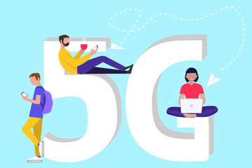 Concept of high speed wireless connection 5G via mobile smartphone, laptop. Flat people with gadgets sitting on the big 5G symbol. Can used for banner, website, landing web page, social media