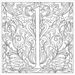 Vintage retro illustration in an engraving style of the number one, flowers, branches and leaves. Art Nouveau and art Deco style. Symmetrical image with a black and white outline contour