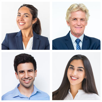 Happy successful managers isolated portrait set. Smiling men and women of different ages and races wearing office suits multiple shot collage. Business people and job concept