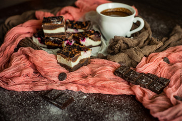 Sweet brownie dessert. Homemade pastries.