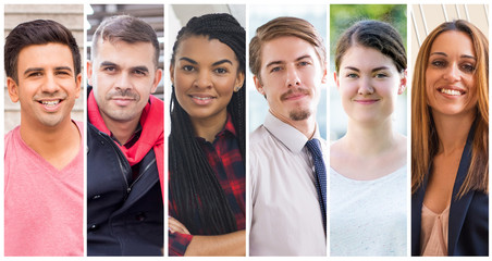 Positive successful young and middle aged entrepreneurs portrait set. Smiling men and women of different races and ages multiple shot collage. Positive human emotions concept