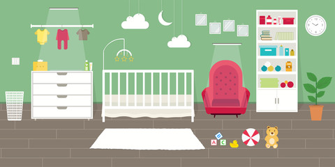 Cozy Nursery interior, baby room, flat style vector illustration template