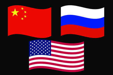 Flag waving set: China, Russia, America vector illustration. USA flag flying
