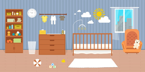 Cozy Nursery interior, baby room, flat style vector illustration template