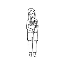 
Silhouettes of people. Female physiques on a white background. Female doctor drawn in doodle style. Vector drawing, linear icon.