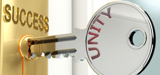 Unity and success - pictured as word Unity on a key, to symbolize that Unity helps achieving success and prosperity in life and business, 3d illustration
