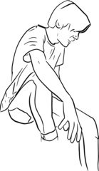 Young man sits and looks down. Hand drawn outline, linear, thin line art vector sketch
