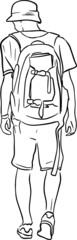 Back view on tourist in shorts with a backpack and panama hat looking down in doodle sketch style. Outline vector silhouette