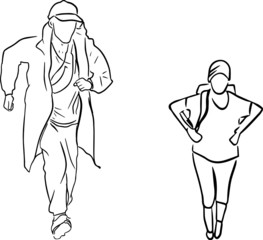 Outline sketch of man in cap with backpack runs up and girl walk. Tourist hiking concept