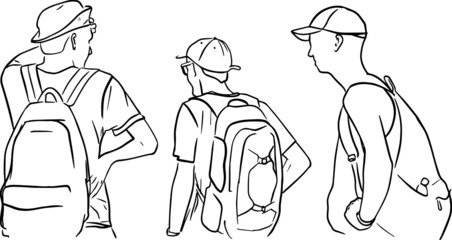 Outline sketch of three boys traveler talk back view in doodle style