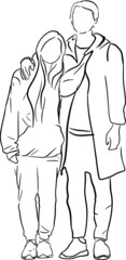 Fototapeta na wymiar Outline sketch of man and woman stay in pose in full length in doodle style