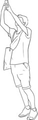 Outline sketch of a full-length man takes a photo with his arms outstretched in doodle style