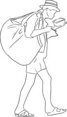 Sketch of profile man with hat and big bag go in doodle style