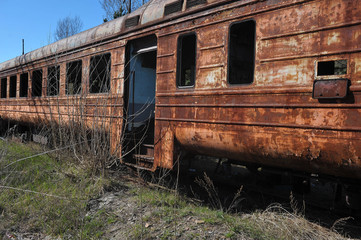Fototapeta na wymiar Abandoned train, radioactive graveyard near ghost town Pripyat