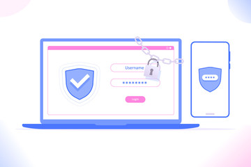 Duo verification or two step verification concept. Login and authentication interface on laptop screen and security code on smartphone screen, infographics vector illustration