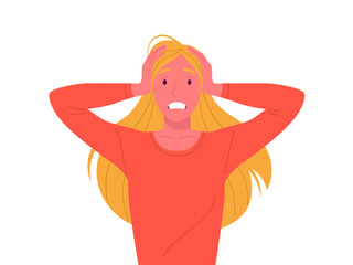 Woman in panic. Vector illustration of young attractive cartoon blonde stressed woman with her hands on the head and with clenched teeth. Isolated on white