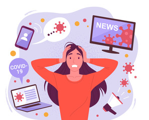  Woman in panic from coronavirus. Vector illustration of young attractive stressful woman surrounded by social media devices with virus information. Isolated on background