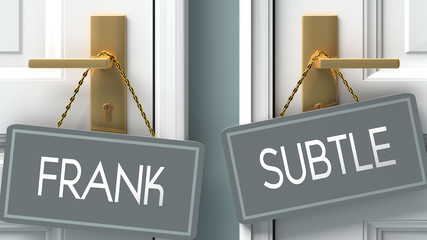 subtle or frank as a choice in life - pictured as words frank, subtle on doors to show that frank and subtle are different options to choose from, 3d illustration
