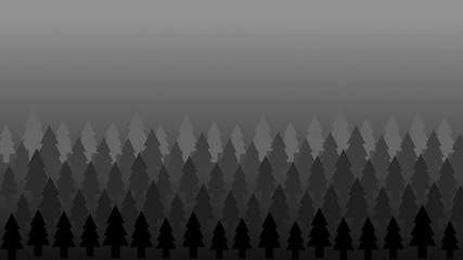 Black and white illustration of pine forest.