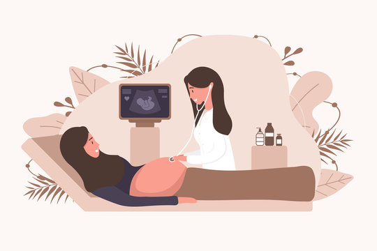 Embryo Baby Health Diagnostic Illustration. Female Doctor Scanning Arab Mother. Muslim Girl With Belly Smiling.