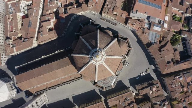 Aerial video of top down view of Cathedral of Saint Mary of the Flower. Aerial view of Florence Duomo. Top down view of The Basilica di Santa Maria del Fiore. Duomo, Florence, Tuscany, Italy.