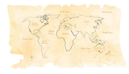 Welt-Aquarellkarte auf Altpapier