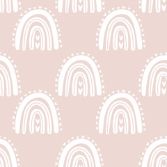 Kids hand drawn seamless pattern with pink pastel rainbows. Summer background. Vector illustration for baby design. Scandinavian style