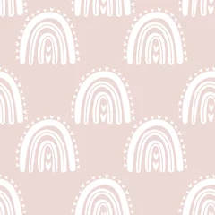 Tapeten Kinder handgezeichnetes nahtloses Muster mit rosa Pastellregenbögen. Sommerhintergrund. Vektorillustration für Babydesign. Skandinavischer Stil © timonko