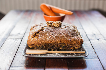Delicious carrot cake with walnuts, made with whole wheat flour.