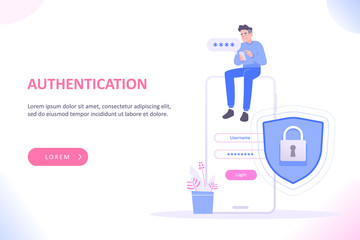 Login page or authentication concept. Young man sitting on huge smartphone and writing password to log in, security shield and lock near him, vector illustration