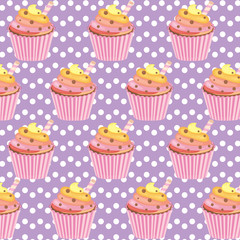 Seamless pattern with cupcake on pink background with white circles. It can be used for packaging, wrapping paper, textiles, etc. Vector illustration