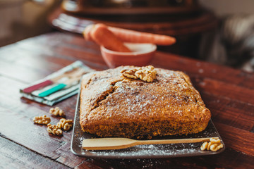 Delicious carrot cake with walnuts, made with whole wheat flour.