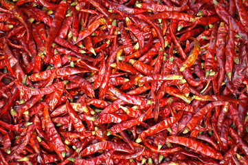 Hot spicy dried red  chillies , in Thailand called prik haeng.