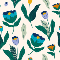 Beautiful hand drawn vector pattern with flowers on creamy background. Seamless Floral tile design. Template for summer spring fashion and textile, package, fabric and home decoration