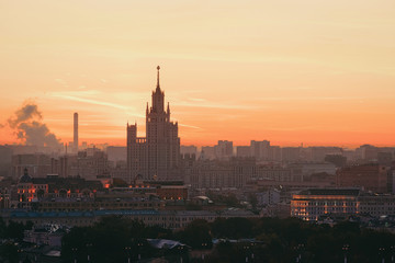 Fototapeta na wymiar Sunrise at Kotelnicheskaya Embankment Building in Moscow city