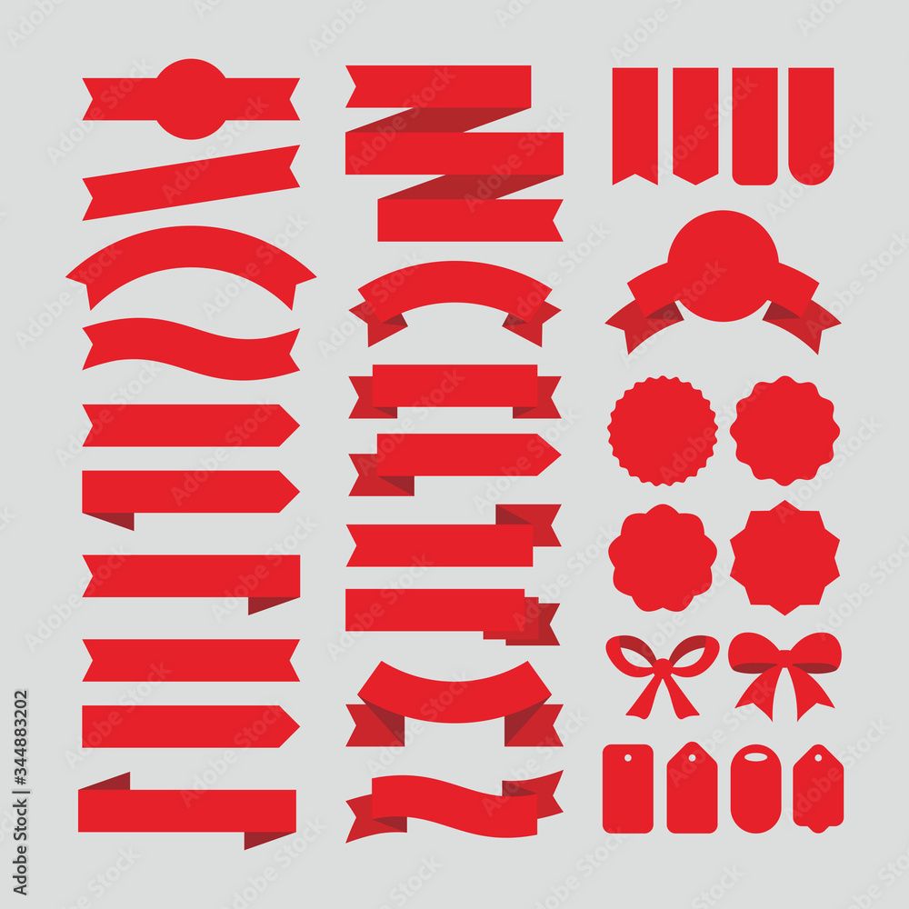 Poster set of different empty flat red ribbon and label design, blank red ribbon collection pack template v