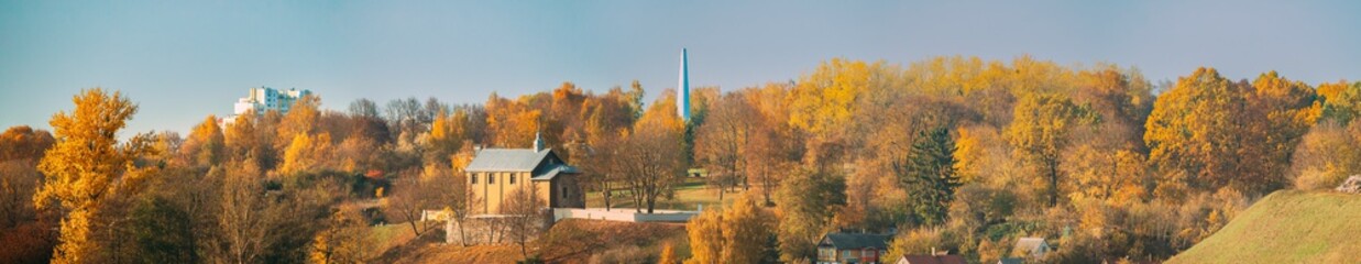 Fototapeta premium Grodno, Belarus. Kalozha Church In Sunny Autumn Day. Church of Sts. Boris and Gleb. Panorama, Panoramic View