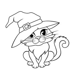 Halloween cat in a witch hat. Black and white illustration for coloring book