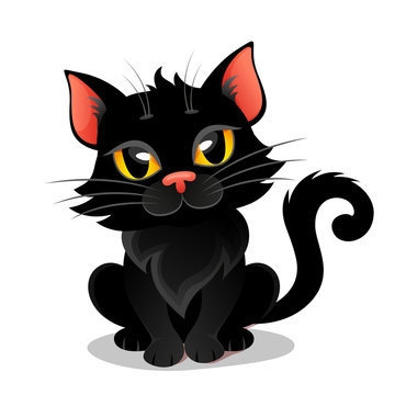Cute black cat. Kitten. Illustration isolated on  white background
