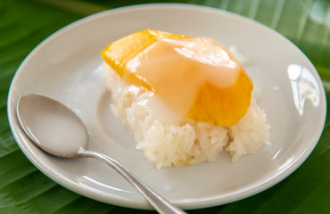 Ripe Mango with sweet sticky rice pour coconut milk in a white dish on a banana leaf. popular Thai dessert.