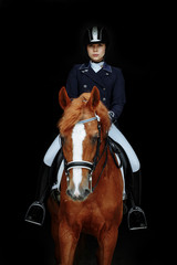 Portrait of a red dressage horse and young woman on black background. Girl with horse. Equestrian sport - 344883840