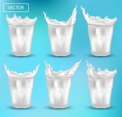 3D realistic splash milk. Fresh milk splash in a glass on the blue background. Splashing Milk set. Cocktail milk. Yogurt, dessert. Vector illustration.