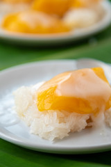 Ripe Mango with sweet sticky rice pour coconut milk in a white dish on a banana leaf. popular Thai dessert.