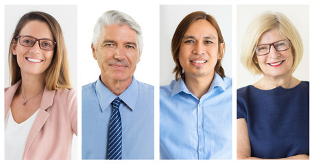 Cheerful confident young and mature businesspeople corporate portrait set. Smiling men and women of different ages wearing formal clothes multiple shot collage. Business people and job concept