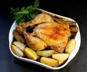 baked chicken with greens on a black background