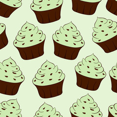 Cupcakes with chocolate sprinkles isolated. Green background. Sweet Dessert with cream. Pistachio or mint taste. Seamless pattern.Vector illustration