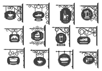 Vintage street signboards vector design. Iron shop sign boards hanging on wrought metal brackets and chains with antique forged ornaments, restaurant, store and cafe, pub or bar and bakery signages