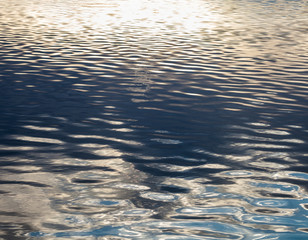 Water surface with sky and sun reflections.