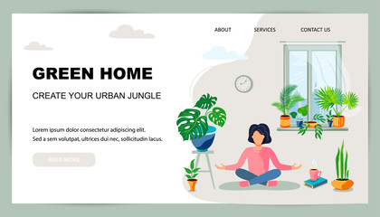 A woman is sitting in a meditative pose at green home near the window. Home gardening, urban jungle, house plant concept. Balanced and healthy lifestyle. Flat cartoon style design vector illustration.
