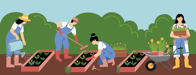 Vector illustration. Gardeners on work. Springtime activity. Can be used as print, postcard, poster, packaging design, magazine or web illustration and so on.